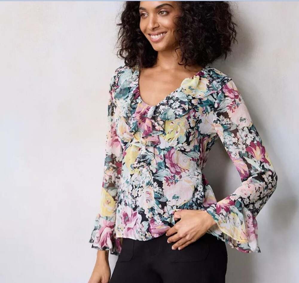 Lauren Conrad XXL Multicolor Floral Print Ruffle Chiffon Long Sleeve Blouse
